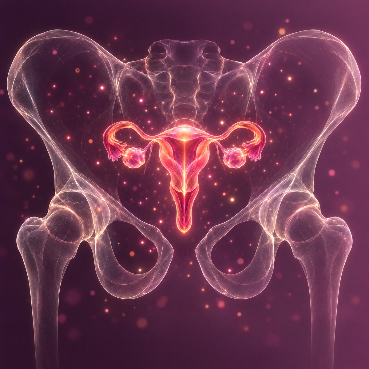 Ilustración de pelvis femenina con útero y ovarios